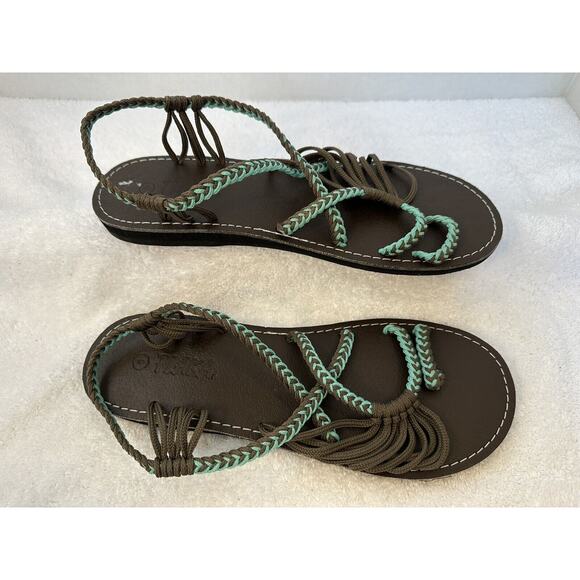 Plaka SIZE 9 Thong Rope Braided Sandals Womens Brown Teal Women's - Picture 5 of 12